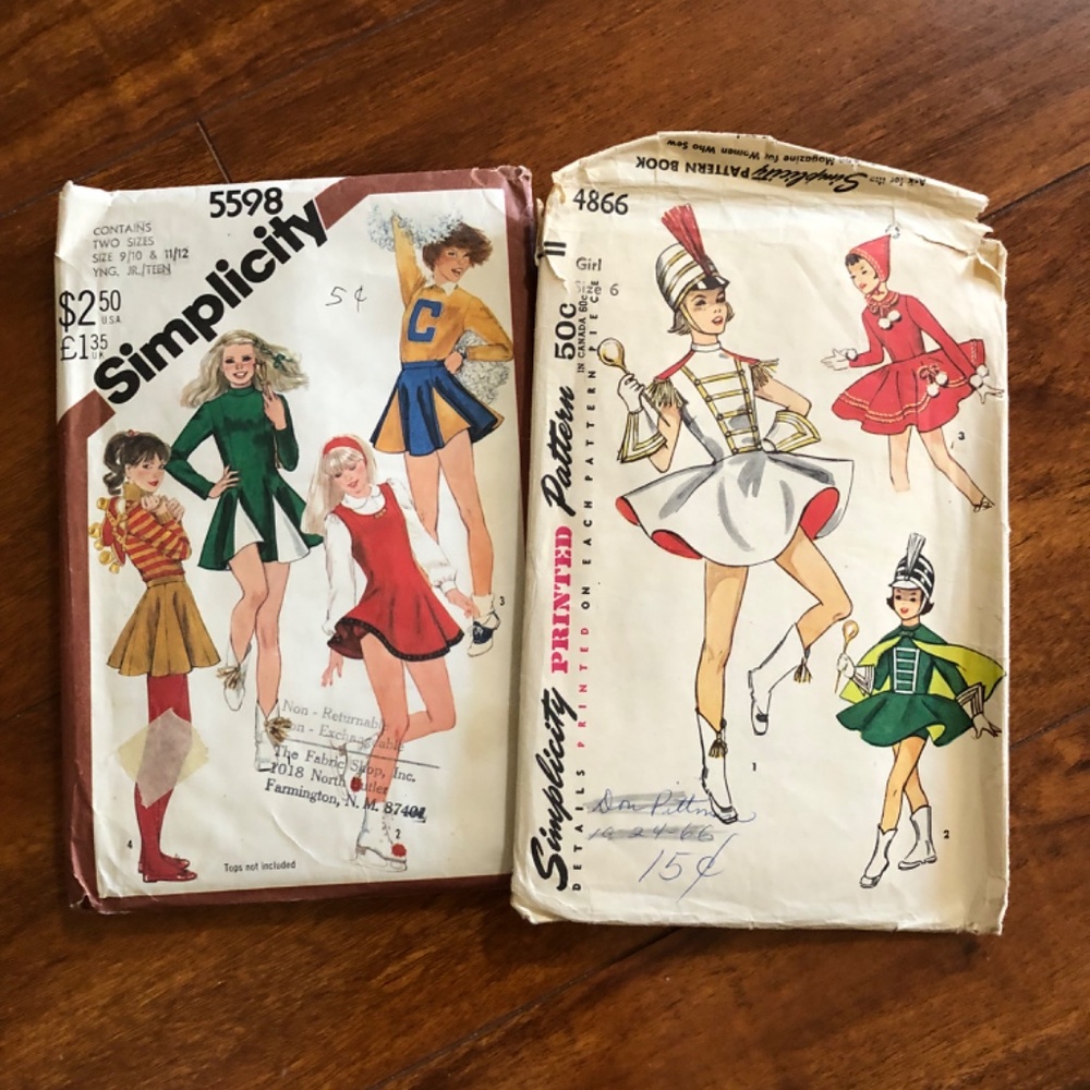 2 Vintage Majorette skater, Cheerleader Costume Sewing Patterns